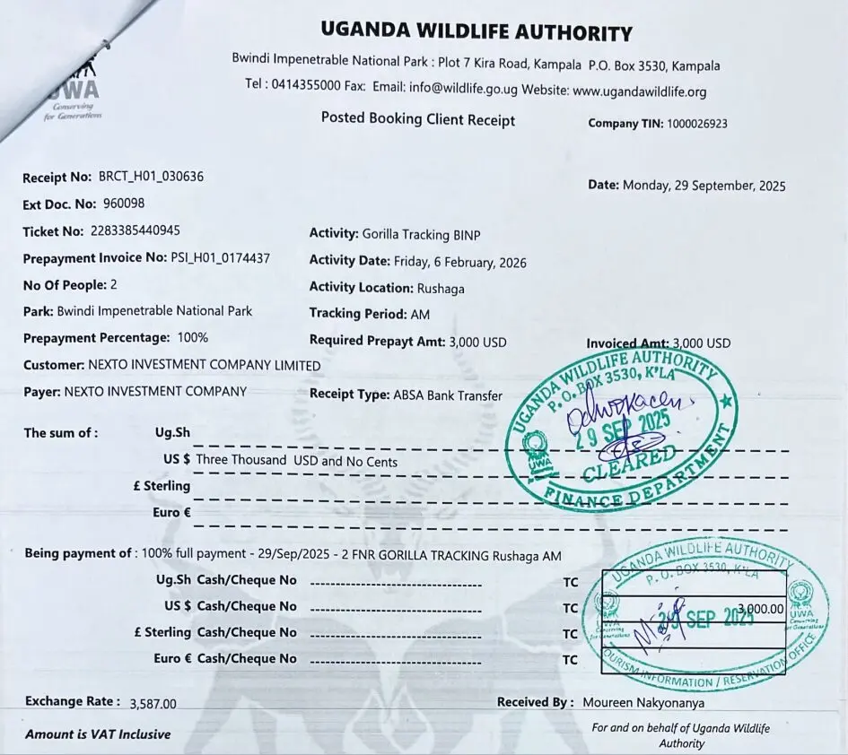 Gorilla Safari Permit Official Documents